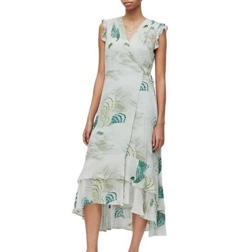 AllSaints | Dela Ngaru Dress Green Bird Print Wrap Midi Ruffle Sleeve | Size 6